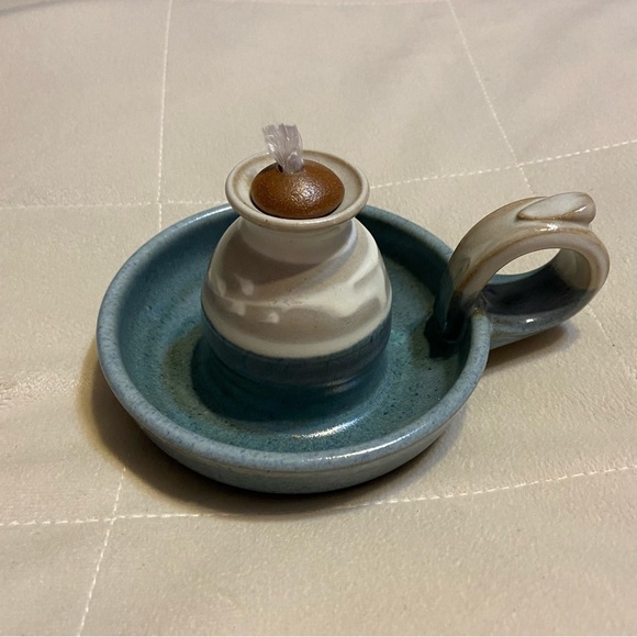 Handmade Erik Hertz Blue/tan Glazed Pottery Art Oil Lamp Candlestick - Picture 1 of 8
